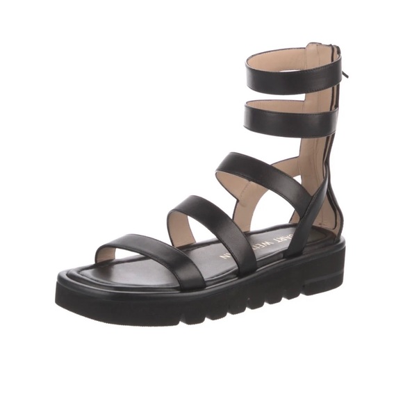 $550 Stuart Weitzman Gala Lift Leather Sandal GLADIATOR BLACK PLATFORM 6 (PA4) - Picture 3 of 4